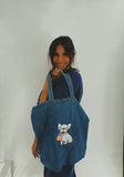 Frenchie Holding USA Flag Embroidered Denim Tote Bag