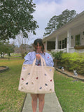 Lovers Cozy All Over Embroidered Frenchies Canvas Tote Bag