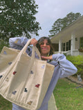 Lovers Cozy All Over Embroidered Frenchies Canvas Tote Bag