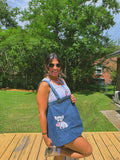 Frenchie Holding USA Flag Embroidered Denim Tote Bag