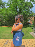 Frenchie Holding USA Flag Embroidered Denim Tote Bag