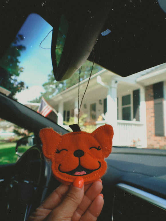 Pumpkin Frenchie Rear View Mirror Tie On Charm