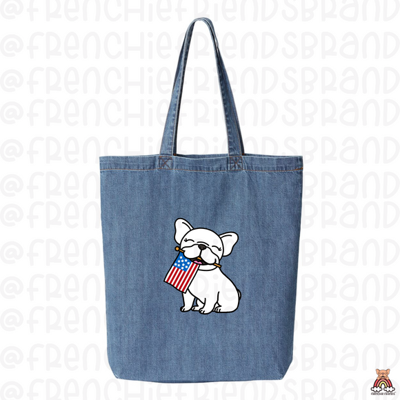 Frenchie Holding USA Flag Embroidered Denim Tote Bag