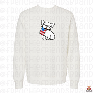 Frenchie Holding USA Flag  Embroidered Crewneck