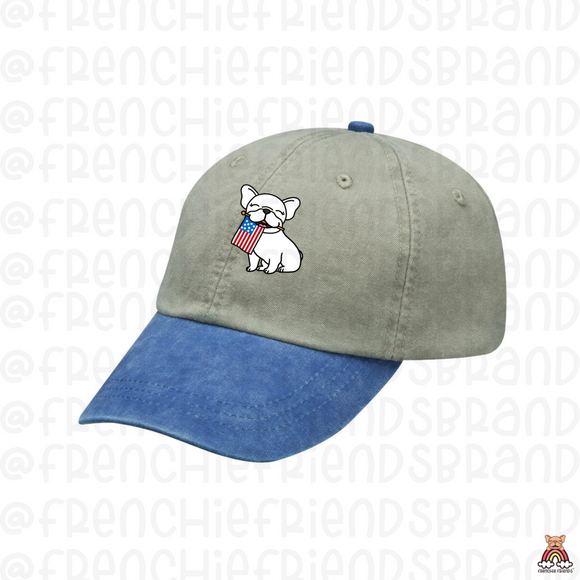 Frenchie Holding USA Flag Embroidered Hat