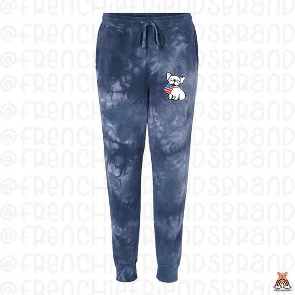 Frenchie Holding USA Flag  Embroidered Tie Dye Joggers