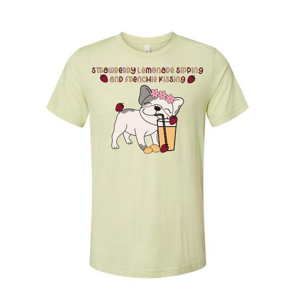 French Bulldog Graphic T-Shirt | Strawberry Lemonade Sipping And Frenchie Kissing T-Shirt