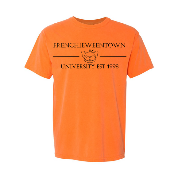 French Bulldog Embroidered T-Shirt | Frenchieween Town University Embroidered T-Shirt